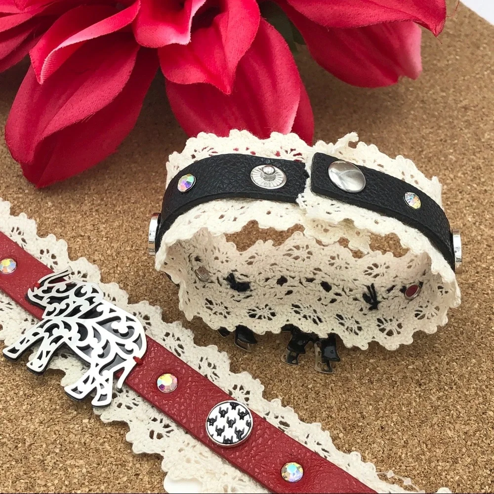 🌼 Leather & Lace Elephant Houndstooth Buttons Wrap Snap Bracelet